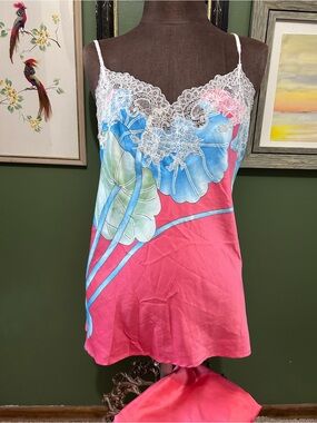 Floral Lace Trim Natori set pajamas  - Pink & Blue